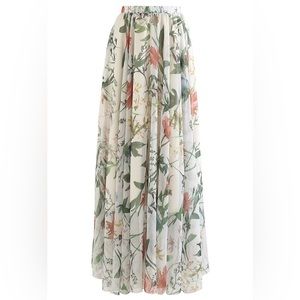 Stunning botanical/tropical breezy chiffon maxi boho skirt w prairie/beach vibe